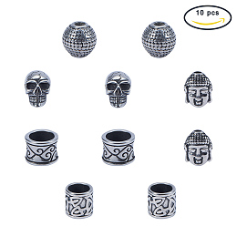 PandaHall Elite 10 Pcs 304 Stainless Steel Spacer Beads Large Hole Bead 5 Styles for Jewelry Making Antique Silver