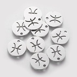 Honeyhandy 304 Stainless Steel Charms, Flat Round with Constellation/Zodiac Sign, Pisces, 12x1mm, Hole: 1.5mm