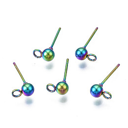 Honeyhandy Rack Plating Rainbow Color 304 Stainless Steel Stud Earring Findings, Ball Stud Earring Post, Cadmium Free & Nickel Free & Lead Free, 7x4mm, Hole: 1.8mm, Pin: 0.6mm