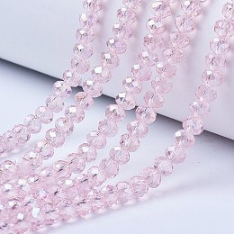 Honeyhandy Electroplate Glass Beads Strands, AB Color Plated, Faceted, Rondelle, Pink, 4x3mm, Hole: 0.4mm, about 123~127pcs/strand, 16.5~16.9 inch(42~43cm)