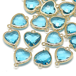 Honeyhandy Glass Links Connectors, with Golden Tone Brass Findings, Faceted, Heart, Cyan, 15x10x3mm, Hole: 1mm