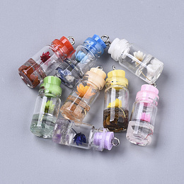 Honeyhandy Glass Bottle Pendant Decorations, with Natural Gemstone & Dried Flower, Resin Tampions and Platinum Plated Iron Findings, 28~29x11mm, Hole: 1.8mm