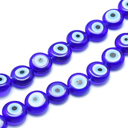 Honeyhandy Handmade Evil Eye Lampwork Flat Round Bead Strands, Blue, 10x4mm, Hole: 1mm, about 38pcs/strand, 14.96 inch