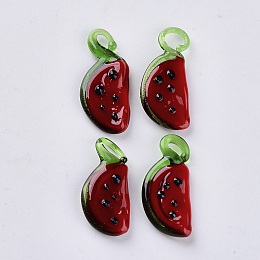 Honeyhandy Handmade Lampwork Pendants, Watermelon, Dark Red, 23~26x11~12x3.5~4.5mm, Hole: 1.5~4.5mm