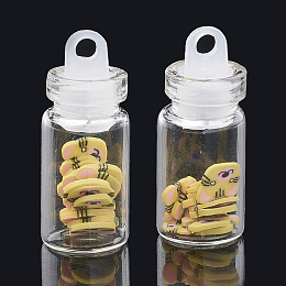 Honeyhandy Handmade Kitten Polymer Clay Nail Art Decoration Accessories, with Glass Wishing Bottle and CCB Plastic Bottle Stopper, Cartoon Cat, Gold, 4~7x4~8x0.1~1mm, bottle: 27.5x11mm, hole: 3mm