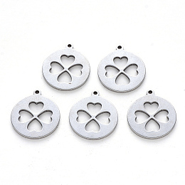 Honeyhandy 201 Stainless Steel Pendants, Laser Cut, Flat Round with Clovers, Stainless Steel Color, 18x15.5x1mm, Hole: 1.2mm