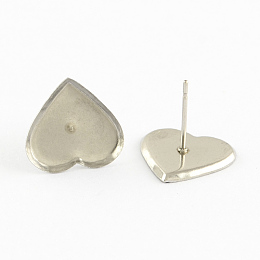 Honeyhandy Earring Cabochon Settings 304 Stainless Steel Ear Studs Blank Settings, Stainless Steel Color, Heart Tray: 8x9mm, 9x8x1.5mm, Pin: 0.5mm