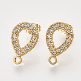 Honeyhandy 304 Stainless Steel Stud Earring Findings, with Rhinestone, Loop and Ear Nuts/Earring Backs, Teardrop, Golden, Crystal, 18.5x11.5x2mm, Hole: 1.5mm, Pin: 0.8mm