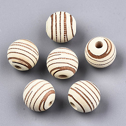 Honeyhandy Painted Natural Wood Beads, Laser Engraved Pattern, Round with Zebra-Stripe, Light Yellow, 15.5~16.5x15mm, Hole: 4mm