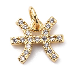 Honeyhandy Brass Micro Pave Cubic Zirconia Charms, Constellation Charm, with Jump Rings, Real 18K Gold Plated, Pisces, 10x11.5x1.5mm, Hole: 3.4mm