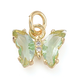 Honeyhandy Brass Micro Pave Clear Cubic Zirconia Pendant, with Glass, Butterfly, Golden, Dark Sea Green, 12.5mm