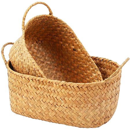 Straw Braid Baskets, with Handles, for for Storage Plant Pot Basket and Laundry, Picnic and Grocery Basket, Mixed Color, 28.5x14.05x14cm; 31x17.5x12cm; 2pcs/set