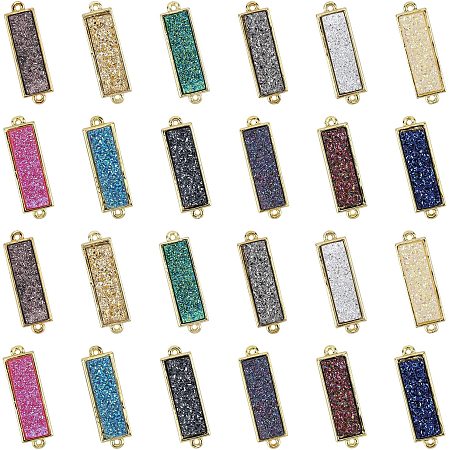 SUNNYCLUE Brass Links/Connectors, with Druzy Resin, Rectangle, Golden, Mixed Color, 26x8x4~5mm, Hole: 1mm; 24pcs/box