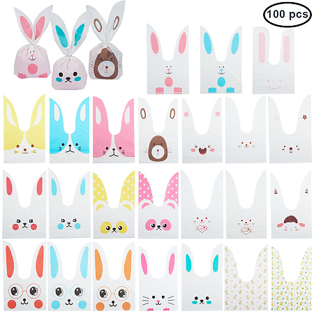PandaHall Elite 100 Pcs Rabbit Ear Bag 25 Styles Candy Dessert Biscuits Cookies Bakery Cakes Plastic Gift Bags With Cute Bunny Ear Treat Bag 23.3x13.8cm for Wedding Birthday Party Supplies