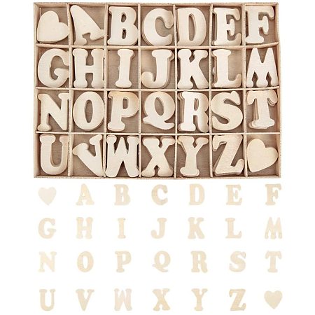 PandaHall 112pcs Wooden Letters and Heart Set- Small Wooden Capital Letters with Storage Tray - Wooden Alphabet Craft Letters Smooth Natural Wooden for Arts Crafts DIY Wedding Display Decor