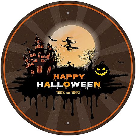 CREATCABIN Halloween Round Metal Tin Sign Rustic Wall Decor Bat Ghost Castle Sign Vintage Door Signs for Bar Pub Coffee Party Garden Garage Decoration Gift Wall Art 12inch