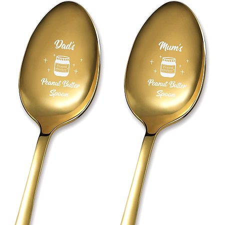 GLOBLELAND 2Pcs Dad's & Mum's Peanut Butter Coffee Spoon with Gift Box Golden Stainless Steel Table Spoons for Friends Families Festival Christmas Birthday Wedding, 7.2''