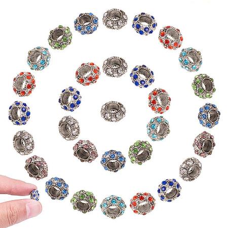 ARRICRAFT 50 Pcs Alloy Rhinestone Rondelle European Beads with Large Hole Dangle Charms Sets fit Snake Style Charm Bracelets Antique Silver