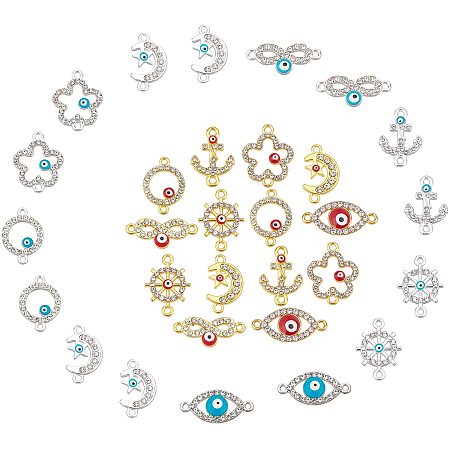 SUNNYCLUE 1 Box 28PCS Evil Eye Rhinestone Charms Gold Evil Eye Charms Connector Infinity Moon Anchor Flower Shape Pandants with Crystal for Jewelry Making Charms DIY Crafts Bracelet Earring Necklace