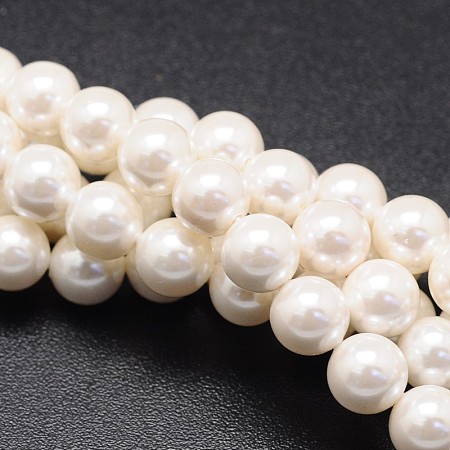 Honeyhandy Shell Pearl Beads Strands, Round, White, 4mm, Hole: 0.8mm, about 87pcs/strand, 15 inch