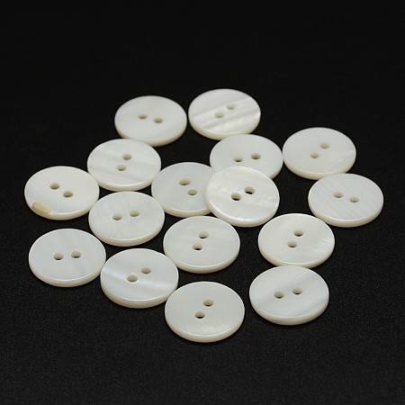 Honeyhandy 2-Hole Shell Flat Round Buttons, Seashell Color, 14x2mm, Hole: 1.5mm