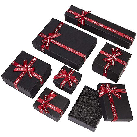 NBEADS 7 Pcs 7 Sizes Jewelry Box, Black Cardboard Gift Box with Red Ribbon Bowknot for DIY Necklace Bracelet Packing