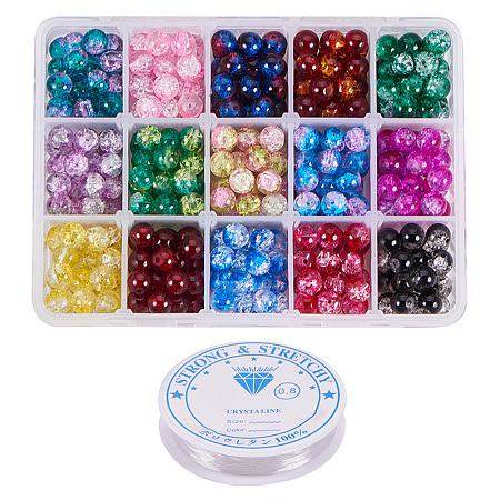 PandaHall Elite About 450pcs 15 Color 8mm Round Spray Painted Crackle Glass Beads Assortment Lot with Crystal Elastic Thread (0.8mm; 5m/roll)