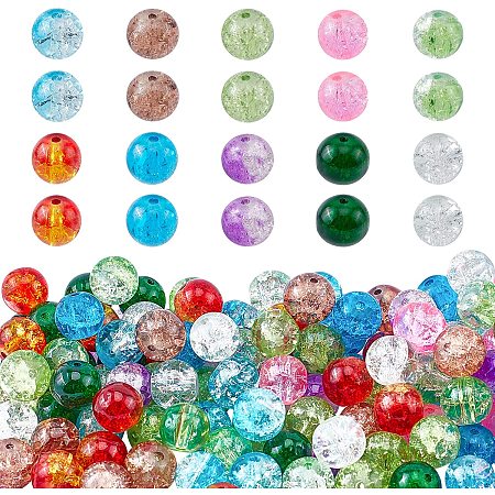 PandaHall Elite 8mm Crackle Glass Lampwork Beads for Craft Supplies Adults, 200pcs 10 Colors Crystal Beads for Beading Supplies Necklace, Bracelet, Earring Making