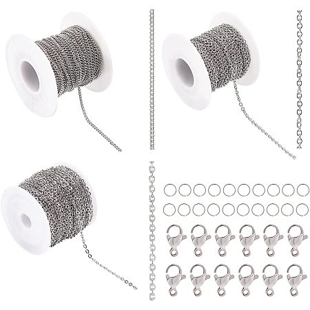 BENECREAT 98FT 3 Style Stainless Curb Chain Necklace Cable Chains Twisted Links with 20Pcs Lobster Claw Clasps and 50Pcs Jump Rings, for DIY Chain Necklace Making Kit
