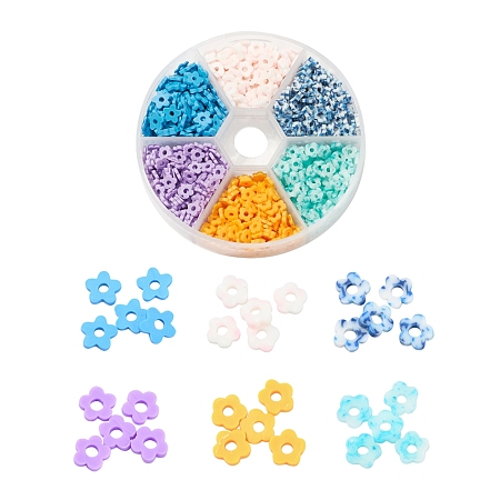 Arricraft 720Pcs 6 Colors Polymer Clay Beads, Flower, Mixed Color, 4~6x4~6x1~1.5mm, Hole: 2mm, 120pcs/color