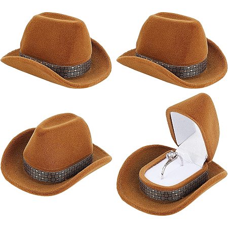 CHGCRAFT 4Pcs Cowboy Hat Ring Box Hat Shape Wedding Engagement Ring Display Holder Vevelt Creative Western Cowboy Hat Vintage Jewelry Box for Wedding Ceremony, 7x6x4cm, Sienna
