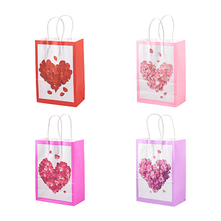 Magibeads 20Pcs 4 Colors Rectangle Paper Bags, with Handle, for Gift Bags and Shopping Bags, Heart Pattern, Mixed Color, 15x7.9x21.3cm, 5pcs/color