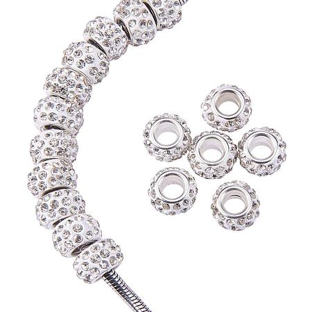 ARRICRAFT 100 Pcs Alloy Rhinestone Round European Beads with Large Hole Rondelle Dangle Charms Sets 12x7mm fit Snake Style Charm Bracelets White