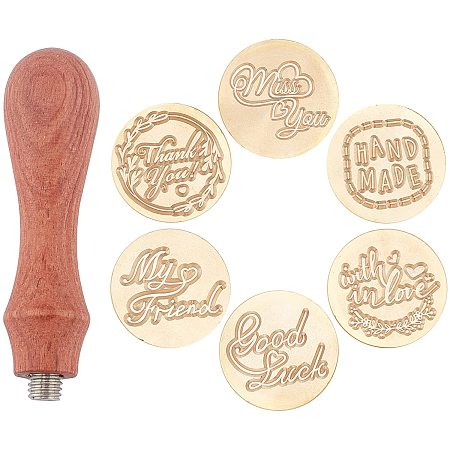 CRASPIRE Wax Seal Stamp Set Words Theme 6PCS Sealing Wax Stamp Brass Removable Heads +1 Wooden Handle for Seal Envelopes Invitation Christmas Halloween Xmas(Thank You, Good Luck, Hand Made,Miss You)