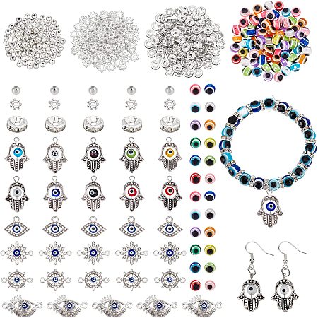 SUPERFINDINGS 40Pcs Evil Eye Charms and links with 100pcs Round Evil Eye Resin Beads 200Pcs Flat Round Spacer Beads 100Pcs Flower Daisy Spacer Beads and Other Accessories for jewelry Making
