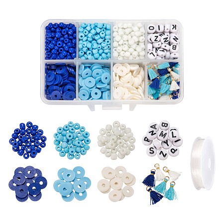 Arricraft DIY Ocean Theme Jewelry Making Kits, 1110Pcs Round & Flat Round Glass Seed & Acrylic Beads & Polymer Clay Beads, 45Pcs Polycotton Tassel Pendant, Elastic Crystal Thread, Mixed Color, Beads: 1110pcs/box
