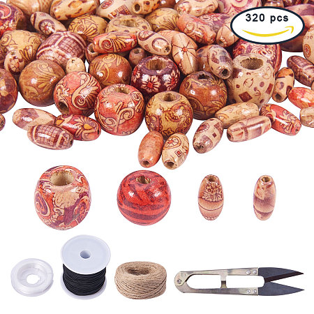 PandaHall Elite 320 PCS 4 Style Natural Painted Wood Beads loose Spacer bead with Elastic Cord, Hemp Cord, Scissors for DIY Handmade Rosary Bracelet Necklace Hair