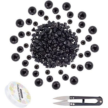 SUNNYCLUE DIY Jewelry Making Kit Including Natural Black Obsidian Chip Bead Strands 3 Sizes Natural Round Obsidian Beads with Elastic Crystal Thread Steel Scissors for Jewelry Making