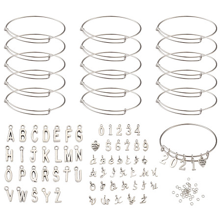 Arricraft Yilisi DIY Bangle Making Kits, with Alloy Pendants, Stainless Steel Bangles and Brass Jump Rings, Antique Silver, 2-1/2 inch~2-7/8 inch(6.5~7.4cm), 22pcs/set