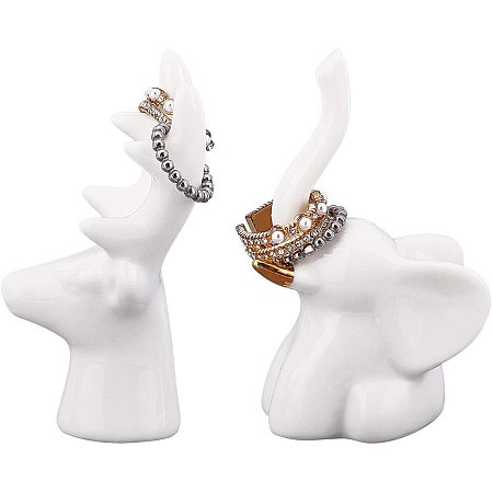 FINGERINSPIRE 2Pcs Animal Ring Holder (Elephant, Deer) White Porcelain Ring Display Decorations Jewelry Dish Trinket Tray for Rings Earrings Holder(3.5