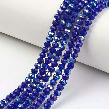 Honeyhandy Electroplate Opaque Solid Color Glass Beads Strands, Half Rainbow Plated, Faceted, Rondelle, Blue, 6x5mm, Hole: 1mm, about 85~88pcs/strand, 16.1~16.5 inch(41~42cm)