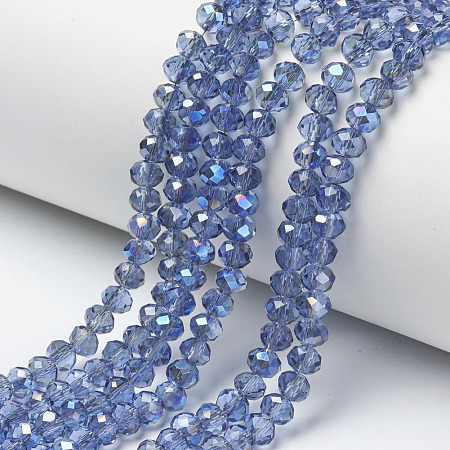 Honeyhandy Electroplate Glass Beads Strands, Half Plated, Blue Plated, Faceted, Rondelle, Cornflower Blue, 4x3mm, Hole: 0.4mm, about 123~127pcs/strand, 16.5~16.9 inch(42~43cm)