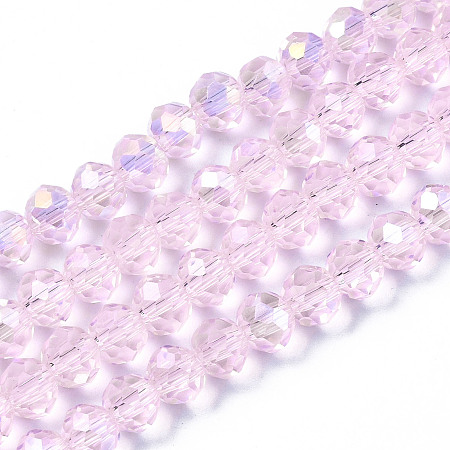 Honeyhandy Electroplate Glass Beads Strands, AB Color Plated, Faceted, Rondelle, Pink, 6x5mm, Hole: 1mm, about 85~88pcs/strand, 16.1~16.5 inch(41~42cm)