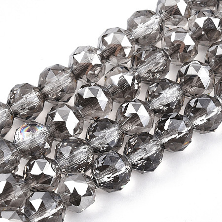 Electroplate Transparent Glass Beads Strands, Faceted, Round, Dark Gray, 8x7.5mm, Hole: 1mm, about 70pcs/strand, bout 70~72pcs/strand, 20.67 inch~21.26 inch(52.5~54cm)