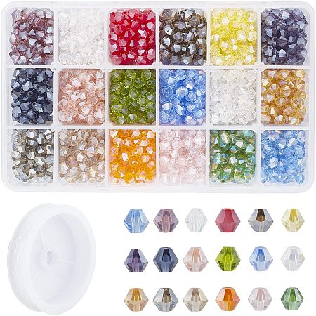 NBEADS 1440 Pcs Glass Beads Sets, Faceted Bicone Glass Crystal Beads with 0.8mm 10M Crystal Cord for Bracelet Jewelry Making