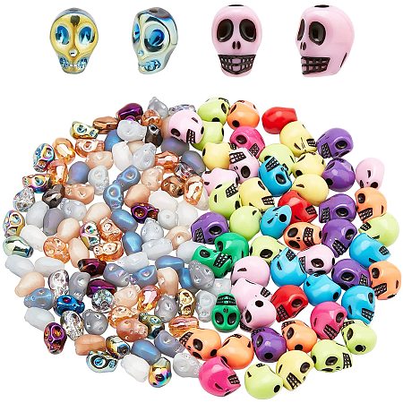 PandaHall Elite Skull Beads, 200pcs 2 Styles Electroplate Glass/Antique Acrylic Skeleton Head Bead Charms Loose Spacer Bead for Men Original Bracelet DIY Earring Necklaces Halloween Home Party