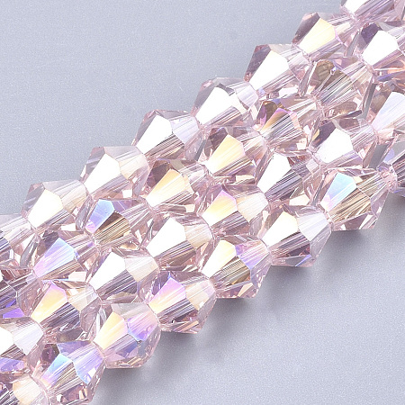 Electroplate Glass Beads Strands, AB Color Plated, Faceted, Bicone, PearlPink, 6x5.5~6mm, Hole: 1mm; about 50pcs/strand, 11.02