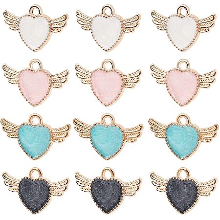NBEADS 80 Pcs 4 Colors Heart Wings Enamel Pendants, Alloy Jewelry Charms for DIY Crafts Making, 14x22mm