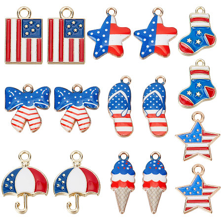 SUNNYCLUE 32Pcs 8 Style Independence Day Rack Plating Alloy Enamel Pendants, Light Gold, Star & Bowknot & Rectangle, Mixed Color, 17~22.5x8.5~16x1.5~2.5mm, Hole: 1.4~2mm, 4pcs/style