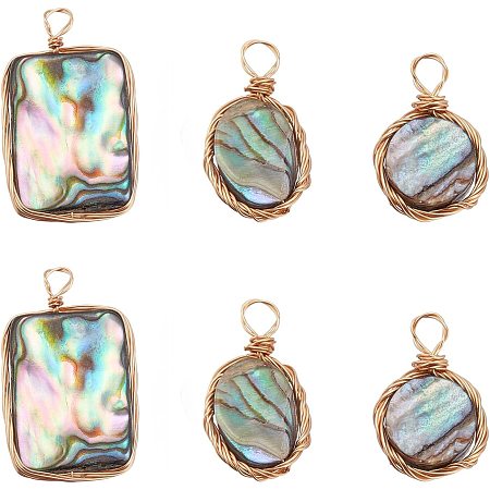 SUPERFINDINGS 6Pcs 3 Styles Natural Abalone Shell Pendants Real 18K Gold Plated Shell Charm Flat Round Oval Rectangle Paua Shell Links with Copper Wire for Jewelry Making
